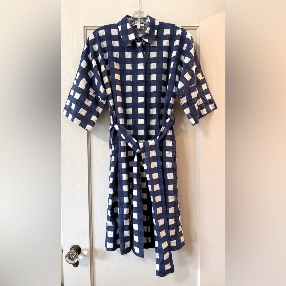 COS | Blue White Belted Checked Cotton Seersucker Shirt Dress - 2